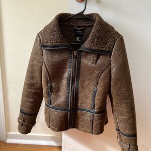 Forever 21 Brown Leather Jacket with Black Trim